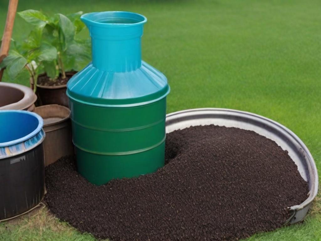 photo of homemade liquid organic fertilizer container with organic soil